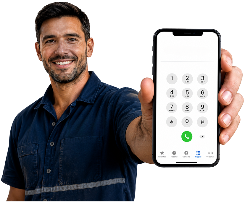 Hornsby Blocked Drains plumber holding a phone — call 1300 261 965