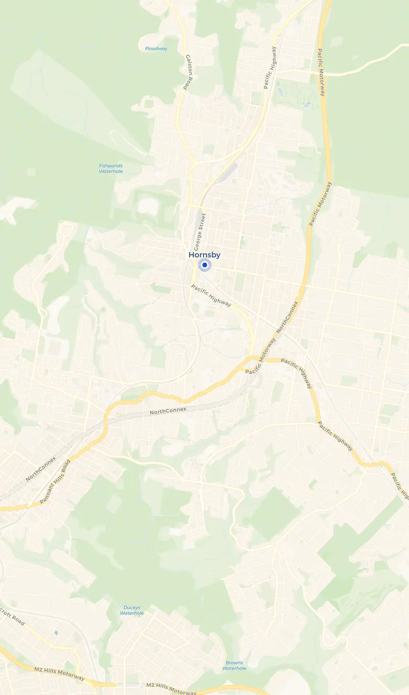 Map of the Hornsby service area and the surrounding suburbs we cover.