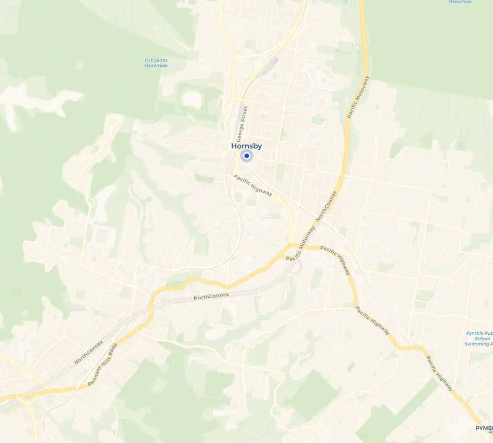 Map of the Hornsby service area and the surrounding Upper North Shore, showing Hornsby and the nearby streets we cover.