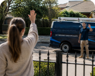 Customer waving goodbye to a Hornsby Blocked Drains plumber